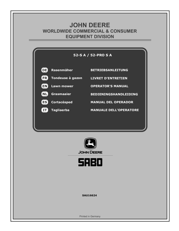 John Deere 52-S A (SA212019), 52-PRO S A (SA312020) Lawn Mowers (MY2019-MY2020) Operator's Manual (SAU16624)