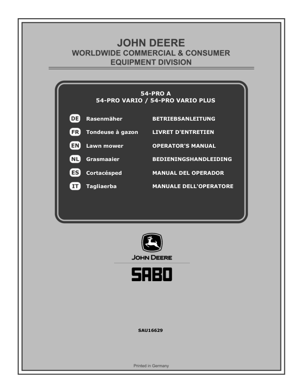 John Deere 54-PRO A (SA312520), 54-PRO VARIO (SA322520), 54-PRO VARIO PLUS (SA322820) Lawn Mowers (MY2019-MY2020) Operator's Manual (SAU16629)