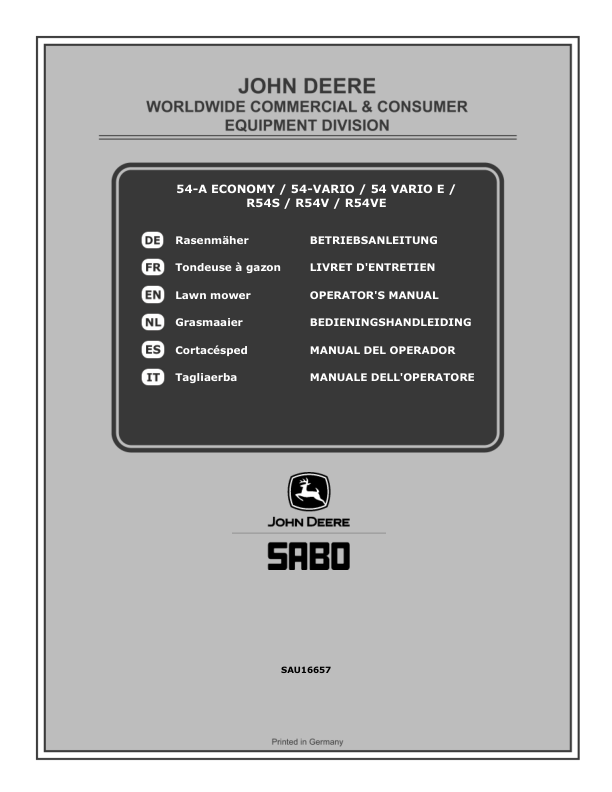 John Deere 54-A ECONOMY (SA212519), 54-VARIO (SA222520) (SA1805), 54 VARIO E (SA222620), R54S (SA217519), R54V (SA227519), R54VE (SA227620) Lawn Mowers (MY2018-MY2020) Operator's Manual (SAU16657)
