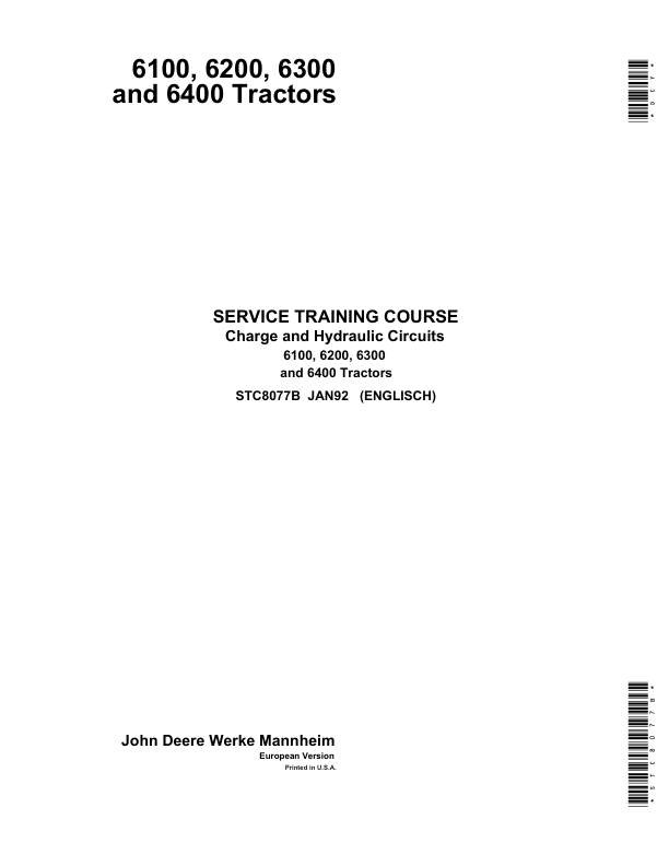 John Deere Charge & Hydraulic Circuits for 6100, 6200, 6300 & 6400 Tractors Operator's Manual (STC8077B)