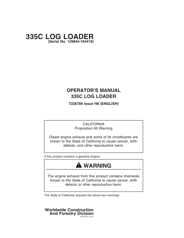 John Deere 335C Knuckleboom Loader Operator's Manuals (T226789)