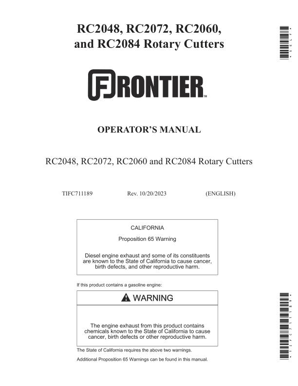 John Deere Frontier Rotary Cutters - RC2048, RC2060, RC2072, RC2084 Operator's Manual (TIFC711189)
