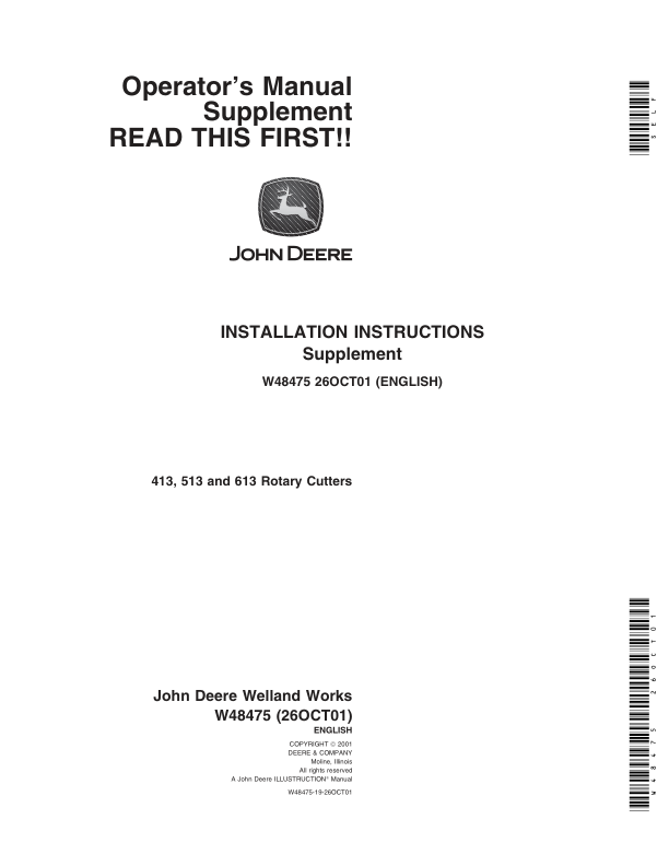 John Deere Operator's Manual Supplement 413, 513 & 613 Rotary Cutters Operator's Manual (W48475)