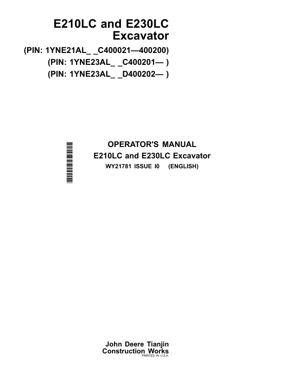 John Deere E210LC, E230LC Excavators Operator's Manuals (WY21781)